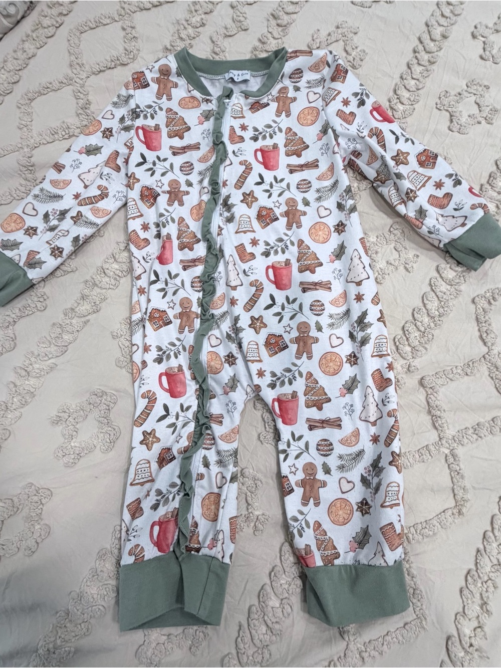 Baby Christmas Print One-Piece Bodysuit - White & Sage
